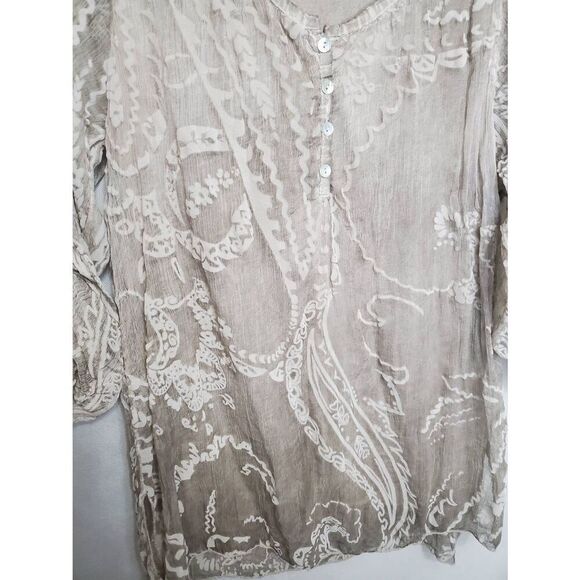 Scandal Italian Silk Lagenlook Neutral Embellished Roll Tab Sleeve Tunic Top - Picture 4 of 6